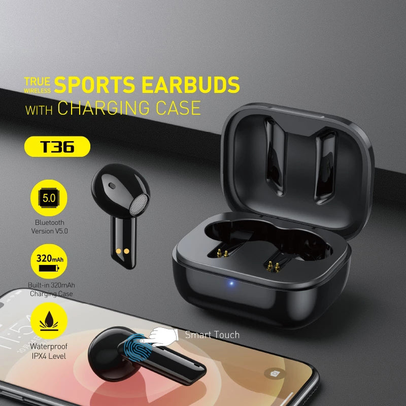 AWEI T36 TWS Bluetooth 5.0 hovedtelefon trådløs sport vandtæt touch stereo headset med mikrofon AWEI T36 TWS Bluetooth 5.0 hovedtelefon trådløs sport vandtæt touch stereo headset med mikrofon